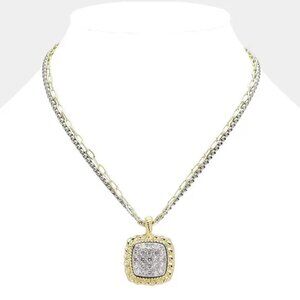 Stunning 14K Gold Plated CZ Stone Paved Square Pendant Necklace
